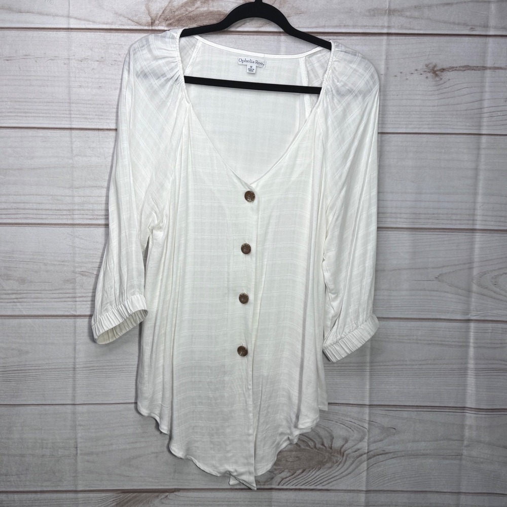Ophelia Roe White Rayon Button Front Blouse 3/4 Sleeve V-Neck Top Medium